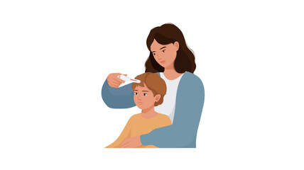 A digital illustration depicting a mother with shoulder-length brown hair, wearing a light blue cardigan, gently holding her young son.  She is checking his forehead with what appears 