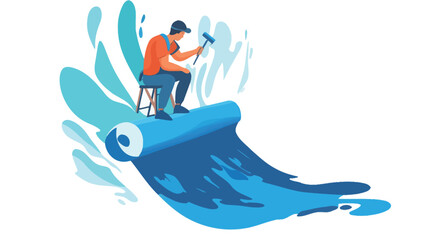 A stylized vector illustration depicting a male painter sitting on a large paint roller, which is unfurling and leaving a trail of blue paint.  The painter is using a paintbrush or roller. 