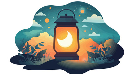 A digital illustration depicting a stylized lantern emitting a warm glow. Inside the lantern is a crescent moon. The background features a stylized night sky with stars, clouds, and stylized plants