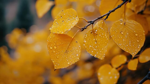 Wet leaves of aspen trees in autumn colors