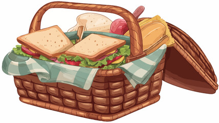 A digital illustration of a brown wicker picnic basket with a hinged lid partially open. The basket is filled with various food items, including two sandwiches with visible lettuce and tomato
