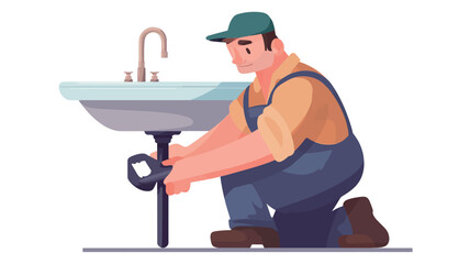 A vector illustration depicting a male plumber kneeling and working on a sink drain. He is wearing a green cap and blue overalls. The sink is white with a chrome faucet. The plumber is using a tool