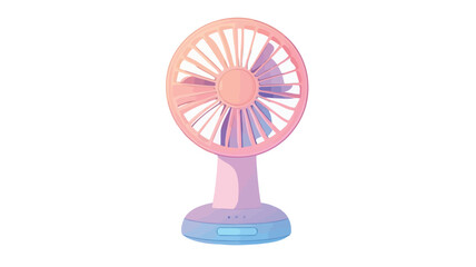 Close-up studio shot of a small, portable desk fan. The fan is pastel pink and blue with a gradient effect. The fan has a circular base and a stand. The blades are visible and appear to be made of
