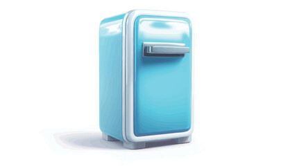 A digitally rendered image depicts a light blue retro-style refrigerator against a white background. The refrigerator is rectangular with rounded corners and features a light blue body and white