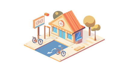 The image is a digital isometric illustration of a small, single-story building, possibly a shop or store.  The building is rendered in a simplified, low-poly style with pastel colors