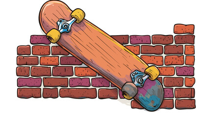 The image is a vector illustration depicting a worn-out orange skateboard leaning against a red brick wall. The skateboard shows signs of wear and tear, including discoloration and apparent dirt