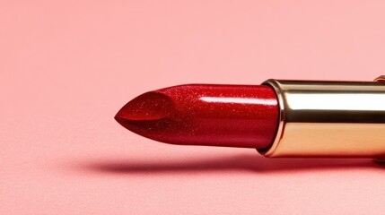 Obraz premium A close-up image showcasing a vibrant red lipstick, emphasizing its glossy finish and elegant design against a pastel pink background, embodying beauty and allure.