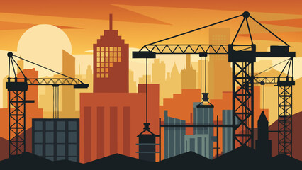 Vector art of construction site with cranes and buildings at sunset, a vibrant cityscape with a warm color palette, creating a dynamic and modern urban scene