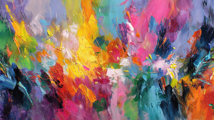 Colorful abstract painting with vibrant brush strokes blending shades of orange, purple, yellow, and blue creating a lively and dynamic visual effect.