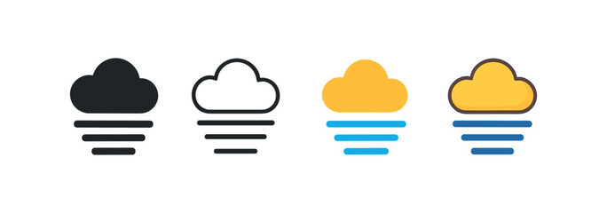 Vector icon weather fog same pose same proportions four styles black solid glyph outline minimal flat multicolor filled cartoon flat shaded.