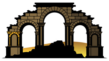 Obraz premium Vector art of ancient stone archway ruins, depicting historical architecture and weathered textures against a bright backdrop