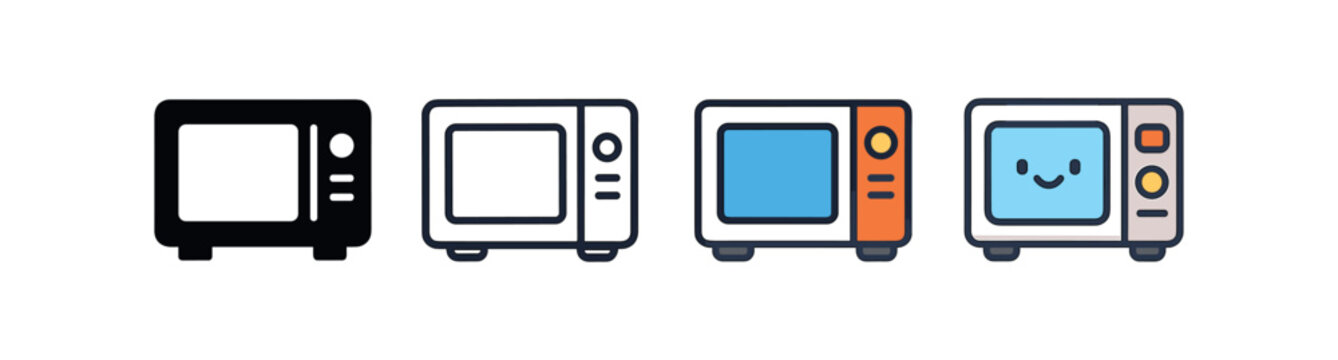 Vector icon kitchen microwave same pose same proportions four styles black solid glyph outline minimal flat multicolor filled cartoon flat shaded.