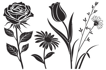 Silhouette illustration of various flowers, including a rose, tulip, daisy, and grass-like plant.