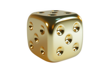A luxurious golden die, isolated on transparent background, embodies chance, luck, and decisionmaking, offering a touch of elegance to games of strategy and fortune