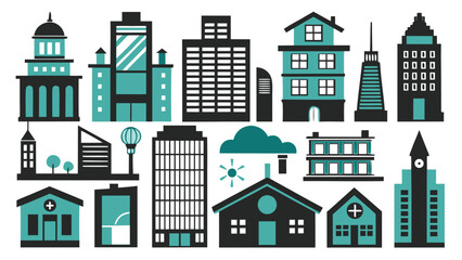Vector art of collection of teal and black buildings, showcasing a variety of architectural styles in a modern design