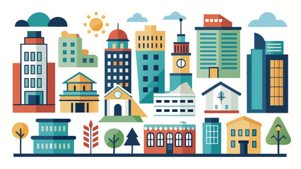 Obraz premium Vector art of colorful cartoon cityscape featuring various buildings, trees, and clouds, creating a vibrant and playful urban landscape illustration