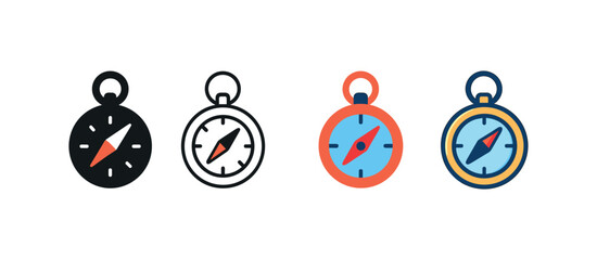 Vector icon diving compass same pose same proportions four styles black solid glyph outline minimal flat multicolor filled cartoon flat shaded.