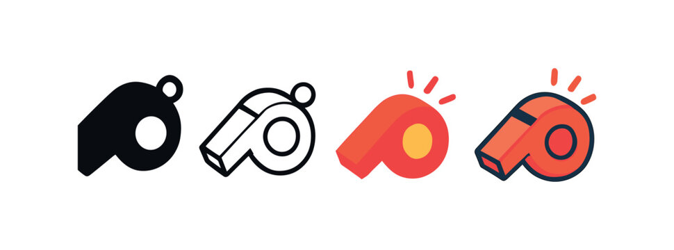Vector icon police whistle same pose same proportions four styles black solid glyph outline minimal flat multicolor filled cartoon flat shaded.