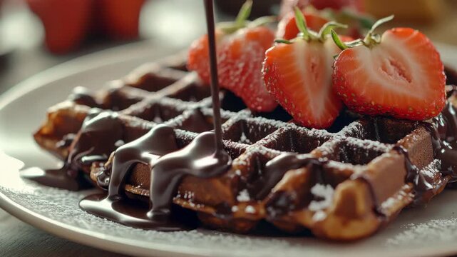 Delicious chocolate waffles served with fresh strawberries on top, creating a delightful and indulgent dessert.
