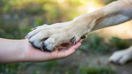 Obraz premium Heartwarming Bond: Gentle Dog Paw on Human Hand – A Soft, Furry Dog Paw Resting Lightly on an Open Human Hand, Capturing the Quiet Connection Between Pet and Owner