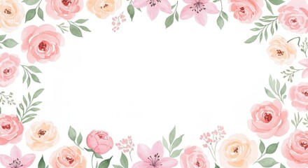 Watercolor Floral Frame with Pink and Peach Roses.
