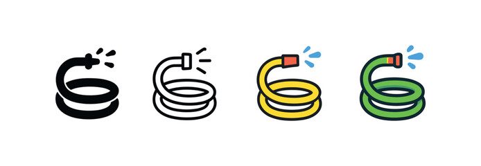 Vector icon gardening garden hose same pose same proportions four styles black solid glyph outline minimal flat multicolor filled cartoon flat shaded.