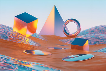 Abstract Geometric Shapes on Orange Terrain with Crystal Formations