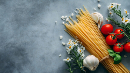 Top view of spaghetti, wheat, garlic, tomatoes, and flowers on gray background. Food photography with studio lighting, high-resolution, isolated plain