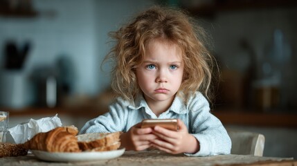 A little girl, looking displeased while holding a smartphone amidst breakfast, reflects modern childhood challenges including distractions and desire for attention.