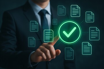 Businessman using digital technology to approve a document, with check mark and document icons on screen, signifying approval and validation, concept of data management and verification