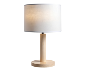 _A clean, minimalist white wooden standing lamp featuring a simple cylindrical fabric 