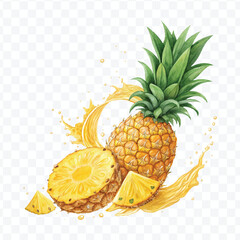 realistic fresh pineapple fruit with juice splash in different style isolated on transparent background