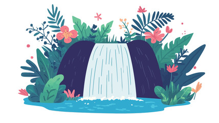 A stylized illustration depicting a waterfall cascading over dark rocks, surrounded by lush tropical plants and flowers. The style is cartoonish or graphic, with flat color and simplified forms.