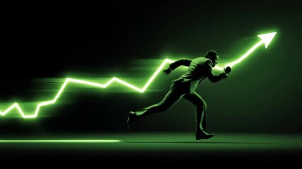 Businessman sprinting towards upward trend symbolizing growth and success in a dynamic environment - Powered by Adobe