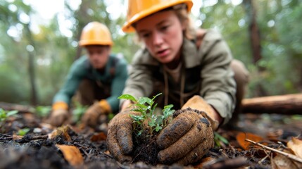 Two dedicated volunteers are planting young trees in a lush forest, symbolizing environmental care and teamwork in nature conservation efforts.