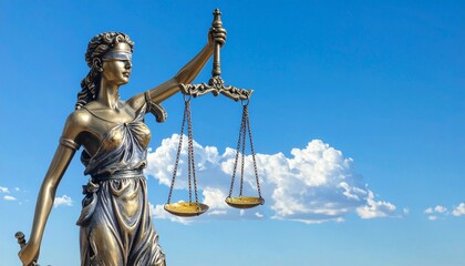 Obraz premium Legal and law concept represented by the statue of Lady Justice, holding balanced scales of justice, standing proudly against a bright sky background, symbolizing fairness, equality, truth, and impart