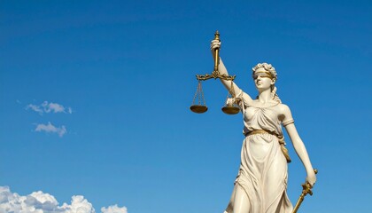 Fototapeta premium Legal and law concept represented by the statue of Lady Justice, holding balanced scales of justice, standing proudly against a bright sky background, symbolizing fairness, equality, truth, and impart