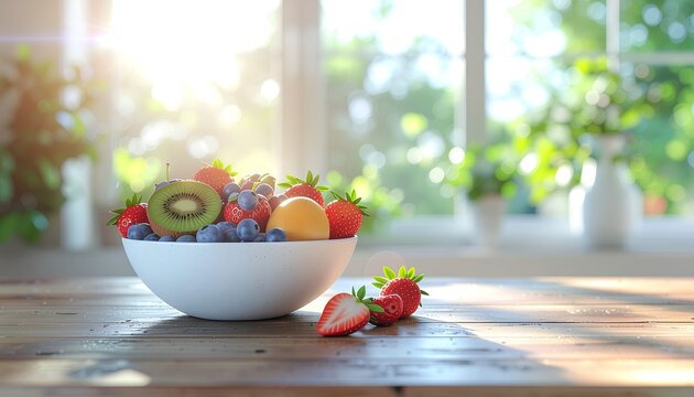 A white bowl filled with fresh fruit, including strawberries, blueberries, kiwi, and oranges, sits on a wooden table with sunlight streaming through a window.