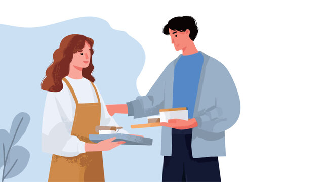 A vector illustration in a flat, minimalist style depicting a young woman in a beige apron serving food to a young man. The woman is handing over a tray containing what appears to be pastries 