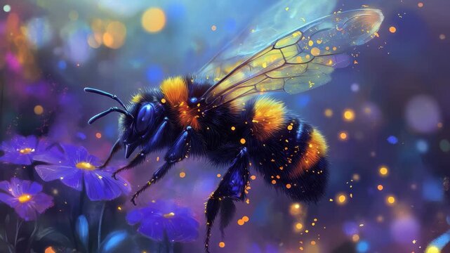 Carpenter bee collecting pollen from vibrant flowers during a warm afternoon in a lush garden, Big bee with pollen Xylocopa carpenter bee insect Taking nectar in purple flower Flying