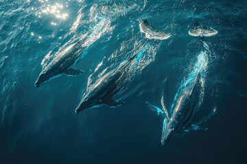 Fototapeta premium Bird’s-Eye Ocean Scene with Whales and Dancing Light