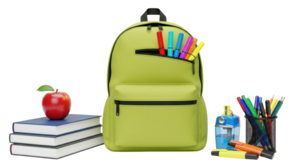 Isolated backpack full of stationery next to apple on books and pen holder with pencils