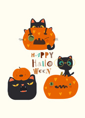 Funny Cats sitting in Pumpkins. Happy Halloween