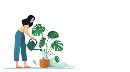 The image is a simple, flat-style illustration depicting a young woman with long dark hair watering a large potted Monstera deliciosa plant.  The woman is drawn in a minimalist style with muted