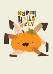 Happy Halloween. Big Pumpkin with Witches Hands
