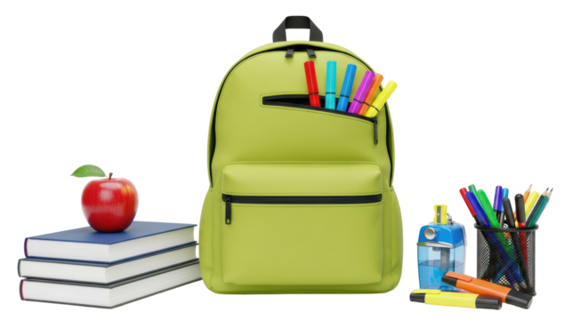 Isolated backpack full of stationery next to apple on books and pen holder with pencils