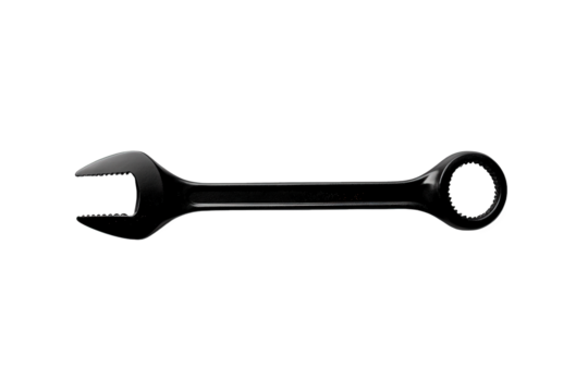 Black wrench with open and ring end isolated on transparent background, a versatile tool for gripping and turning nuts and bolts in various mechanical applications