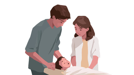 Digital illustration depicting a stylized image of a young couple, a mother and father, tending to their infant child who is lying on a surface. The style is a flat, vector illustration with