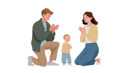 A digital illustration depicting a family of three �C a father, mother, and young child �C kneeling and praying together. The style is simple and minimalist, with flat colors and clean lines.