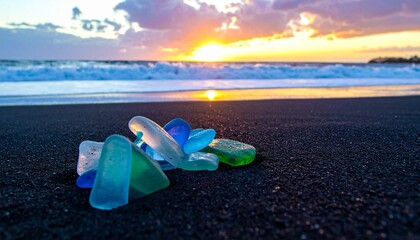 Sea glass scattered across dark black sand beach at golden sunset, glowing softly in varied shades, creating natural beauty, evoking calm feelings, artistic inspiration, and memories of ocean waves.
